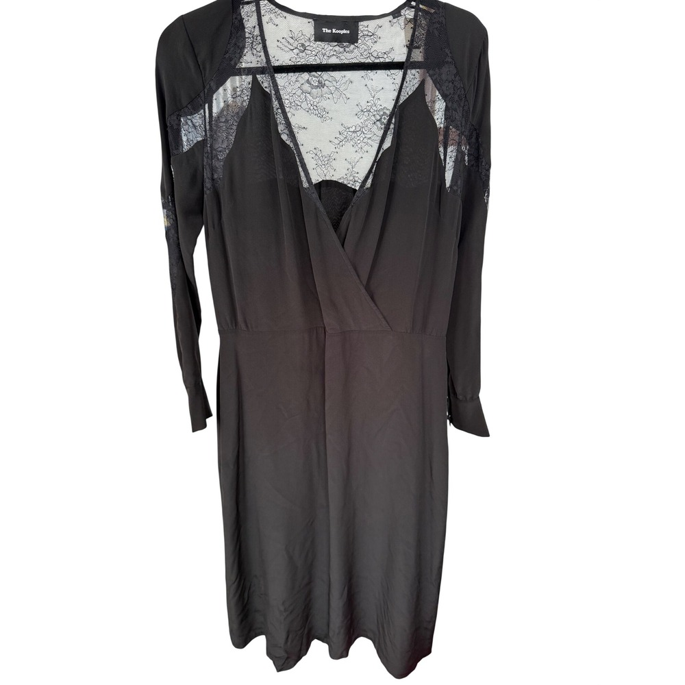 The Kooples Black Silk Lace V Neck whimpsy goth Midi Dress Size L